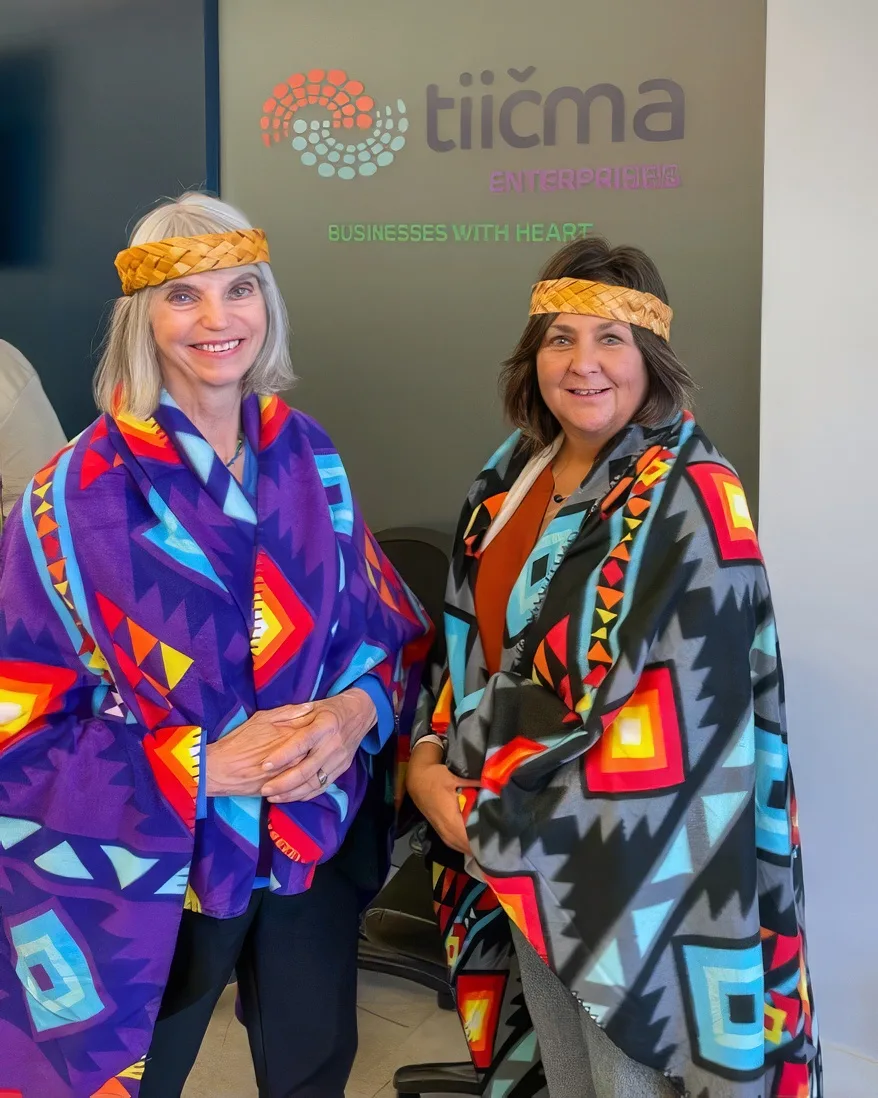 Colleen Evans, Director, Island Coastal Trust, and Shelly Haunch, Councillor, Wei Wai Kum First Nation, were recognized for their collaboration and accepted these blanketsduring a ceremonial gifting. 